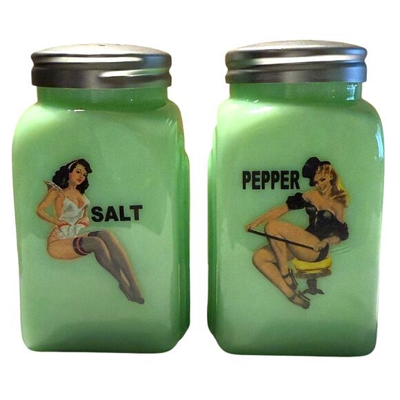 Jadeite Green Glass Pin-Up Girls Salt & Pepper Shakers Reproduction